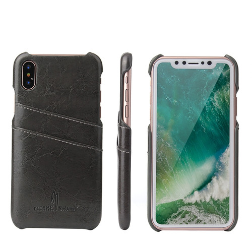 iPhone X / XS Fierre Shann Retro Oil Wax Texture PU Leather Case with Card Slots - Black