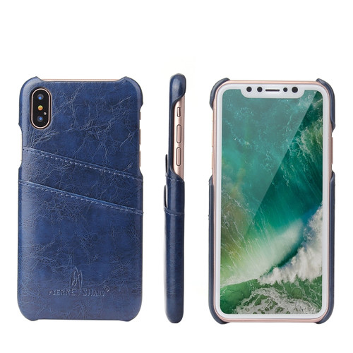 iPhone X / XS Fierre Shann Retro Oil Wax Texture PU Leather Case with Card Slots - Blue