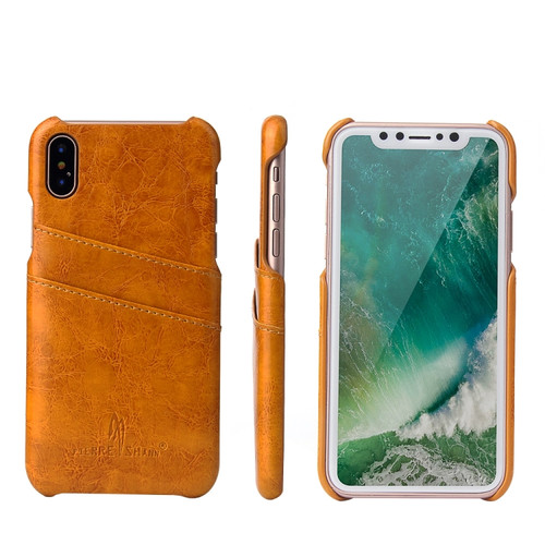 iPhone X / XS Fierre Shann Retro Oil Wax Texture PU Leather Case with Card Slots - Yellow