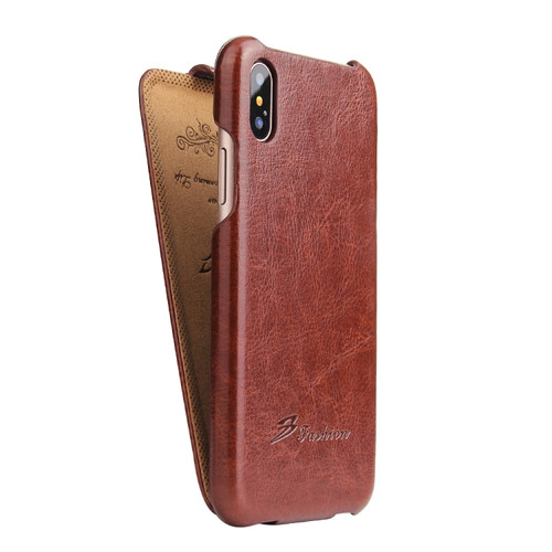 iPhone X / XS Fierre Shann Retro Oil Wax Texture Vertical Flip PU Leather Case - Brown