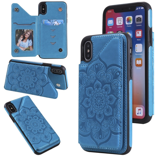 iPhone X / XS Flower Embossing Pattern Shockproof Protective Case with Holder & Card Slots & Photo Frame - Blue