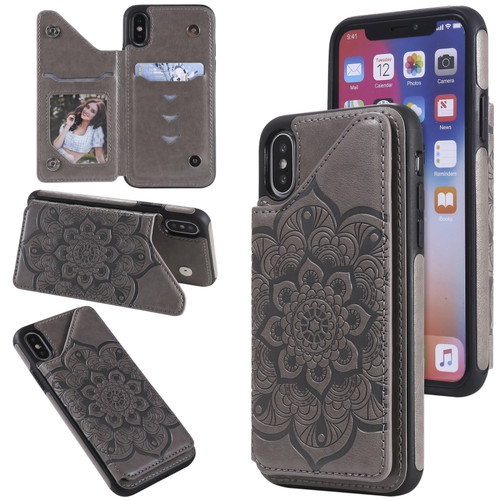 iPhone X / XS Flower Embossing Pattern Shockproof Protective Case with Holder & Card Slots & Photo Frame - Grey
