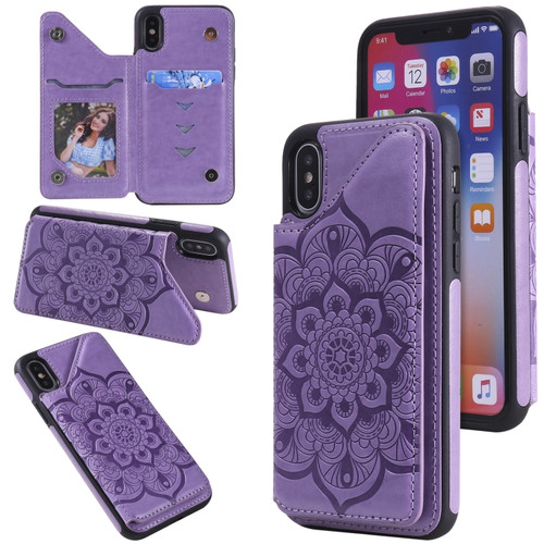 iPhone X / XS Flower Embossing Pattern Shockproof Protective Case with Holder & Card Slots & Photo Frame - Purple