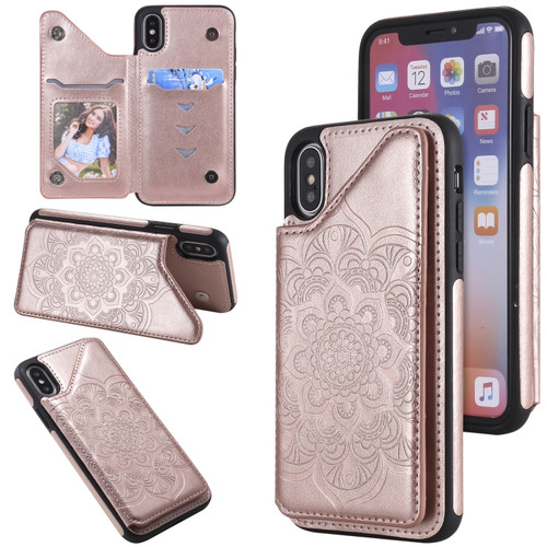 iPhone X / XS Flower Embossing Pattern Shockproof Protective Case with Holder & Card Slots & Photo Frame - Rose Gold