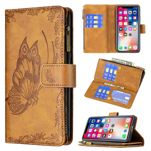 iPhone X / XS Flying Butterfly Embossing Pattern Zipper Horizontal Flip Leather Case with Holder & Card Slots & Wallet - Brown