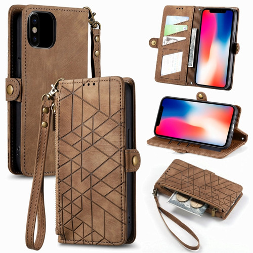 iPhone X / XS Geometric Zipper Wallet Side Buckle Leather Phone Case - Brown