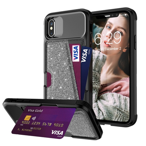iPhone X / XS Glitter Magnetic Card Bag Leather Case - Grey