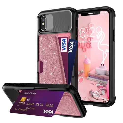 iPhone X / XS Glitter Magnetic Card Bag Leather Case - Pink