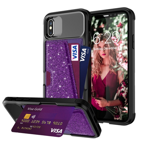 iPhone X / XS Glitter Magnetic Card Bag Leather Case - Purple