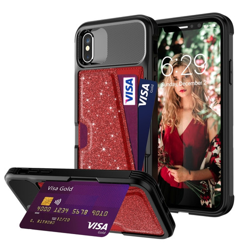 iPhone X / XS Glitter Magnetic Card Bag Leather Case - Red