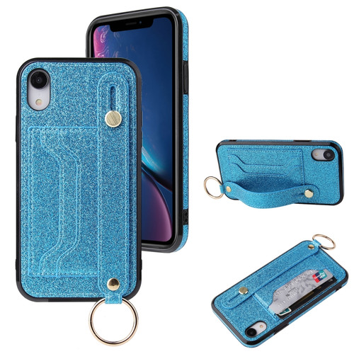 iPhone X / XS Glitter Powder PU+TPU Shockproof Protective Case with Holder & Card Slots & Wrist Strap - Blue