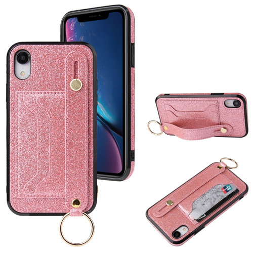 iPhone X / XS Glitter Powder PU+TPU Shockproof Protective Case with Holder & Card Slots & Wrist Strap - Pink