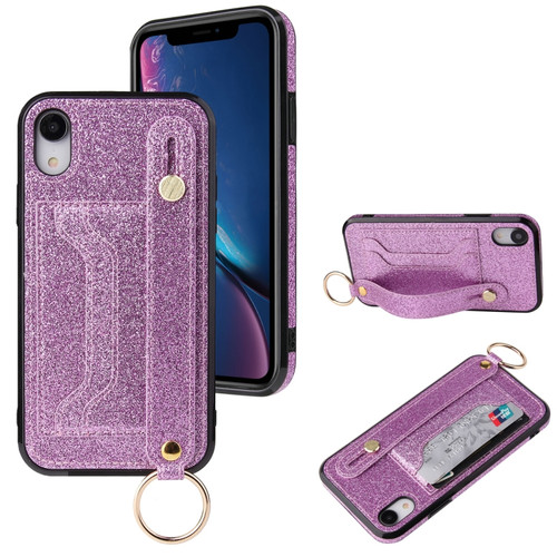 iPhone X / XS Glitter Powder PU+TPU Shockproof Protective Case with Holder & Card Slots & Wrist Strap - Purple