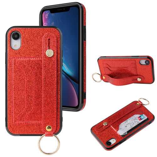 iPhone X / XS Glitter Powder PU+TPU Shockproof Protective Case with Holder & Card Slots & Wrist Strap - Red
