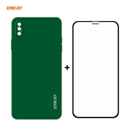 iPhone X / XS Hat-Prince ENKAY ENK-PC0712 Liquid Silicone Straight Edge Shockproof Protective Case + 0.26mm 9H 2.5D Full Glue Full Screen Tempered Glass Film - Dark Green