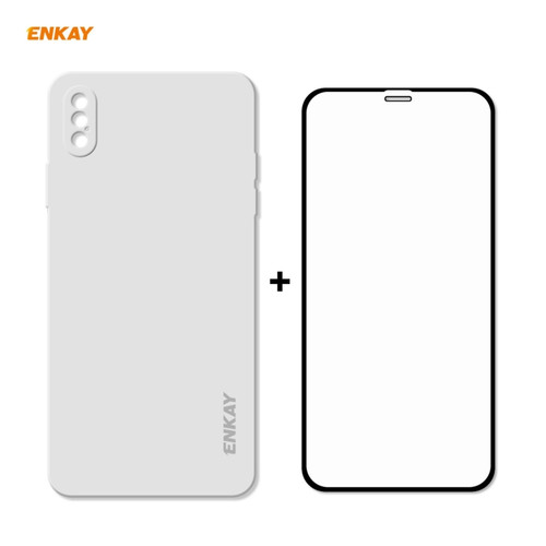iPhone X / XS Hat-Prince ENKAY ENK-PC0712 Liquid Silicone Straight Edge Shockproof Protective Case + 0.26mm 9H 2.5D Full Glue Full Screen Tempered Glass Film - White