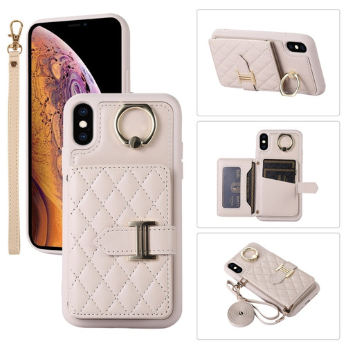 iPhone X / XS Horizontal Card Bag Ring Holder Phone Case with Dual Lanyard - Beige