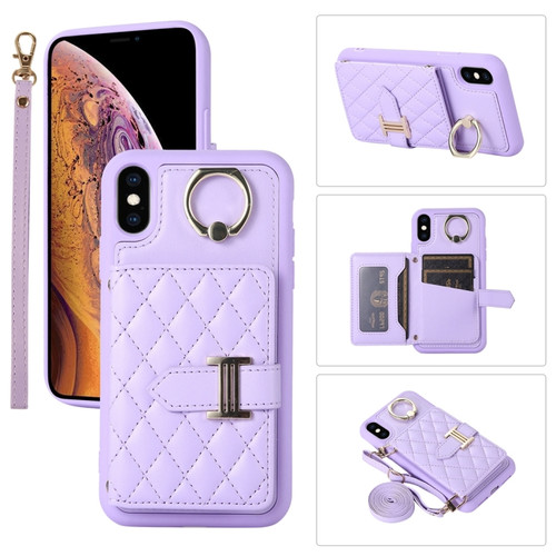 iPhone X / XS Horizontal Card Bag Ring Holder Phone Case with Dual Lanyard - Dark Purple