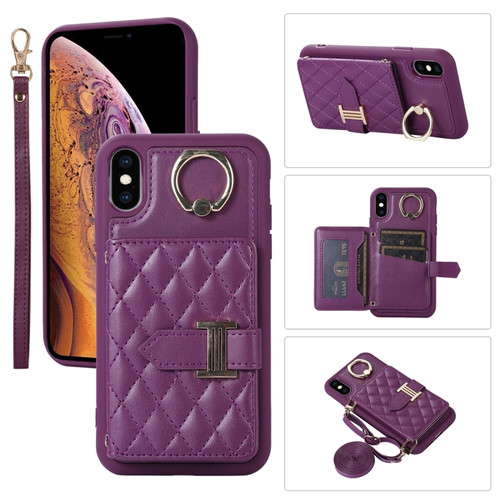 iPhone X / XS Horizontal Card Bag Ring Holder Phone Case with Dual Lanyard - Purple