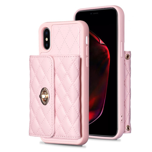 iPhone X / XS Horizontal Metal Buckle Wallet Rhombic Leather Phone Case - Pink