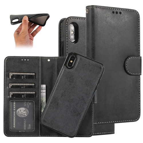 iPhone X / XS KLT888-2 Retro 2 in 1 Detachable Magnetic Horizontal Flip TPU + PU Leather Case with Holder & Card Slots & Photo Frame & Wallet - Black