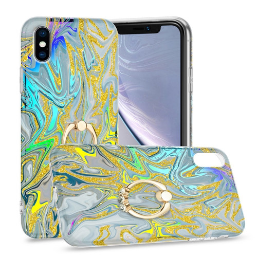 iPhone X / XS Laser Glitter Watercolor Pattern Shockproof Protective Case with Ring Holder - FD2