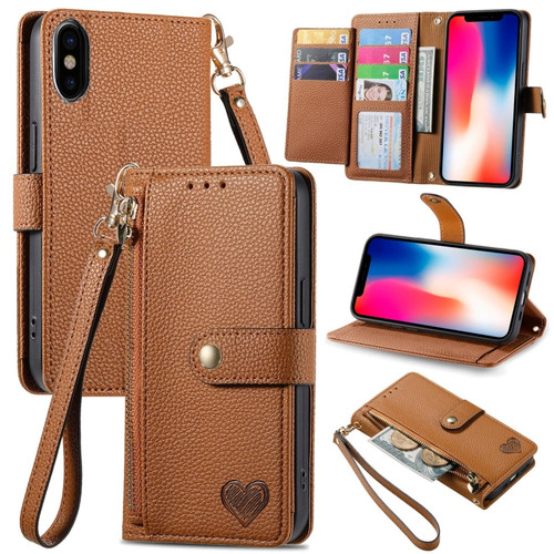 iPhone X / XS Love Zipper Lanyard Leather Phone Case - Brown