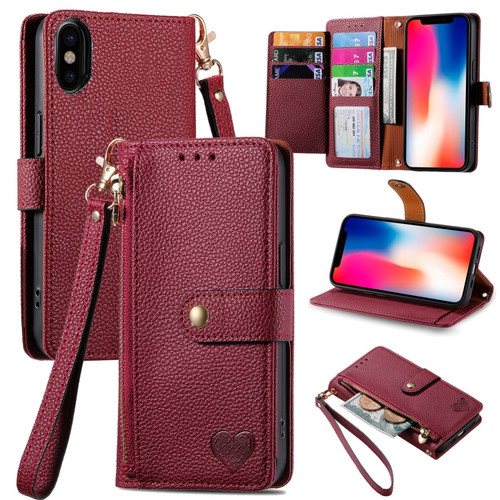 iPhone X / XS Love Zipper Lanyard Leather Phone Case - Red