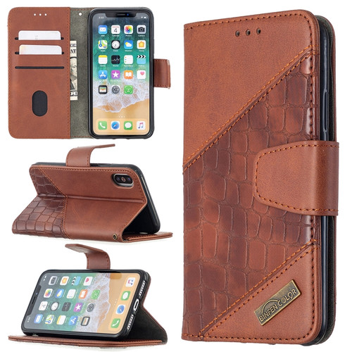 iPhone X / XS Matching Color Crocodile Texture Horizontal Flip PU Leather Case with Wallet & Holder & Card Slots - Brown