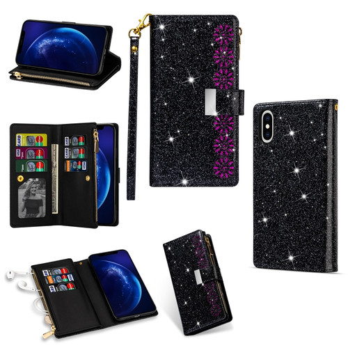 iPhone X / XS Multi-card Slots Starry Sky Laser Carving Glitter Zipper Horizontal Flip Leather Case with Holder & Wallet & Lanyard - Black