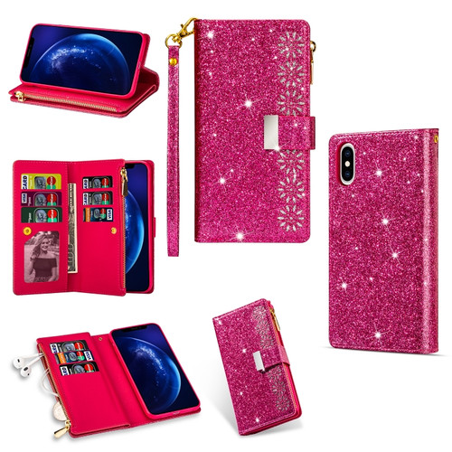 iPhone X / XS Multi-card Slots Starry Sky Laser Carving Glitter Zipper Horizontal Flip Leather Case with Holder & Wallet & Lanyard - Rose Red