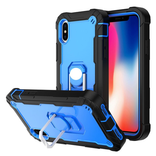 iPhone X / XS PC + Rubber 3-layers Shockproof Protective Case with Rotating Holder - Black + Blue