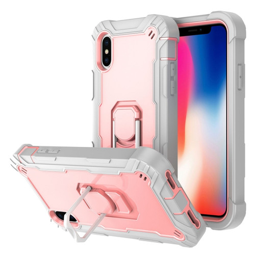 iPhone X / XS PC + Rubber 3-layers Shockproof Protective Case with Rotating Holder - Grey White + Rose Gold