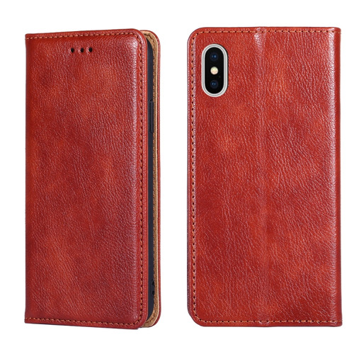iPhone X / XS PU + TPU Gloss Oil Solid Color Magnetic Horizontal Flip Leather Case with Holder & Card Slot & Wallet - Brown