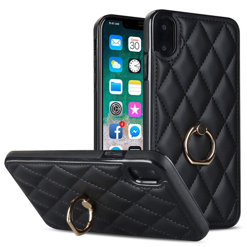 iPhone X / XS Rhombic PU Leather Phone Case with Ring Holder - Black