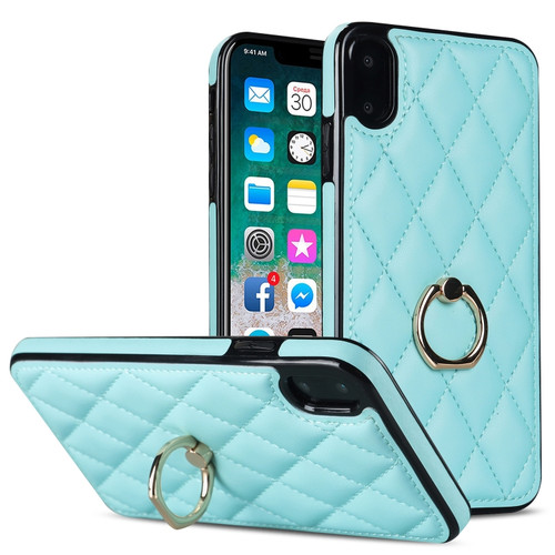 iPhone X / XS Rhombic PU Leather Phone Case with Ring Holder - Blue