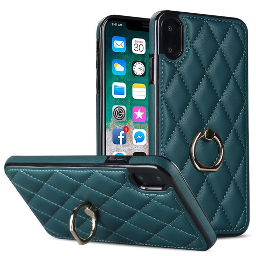 iPhone X / XS Rhombic PU Leather Phone Case with Ring Holder - Green