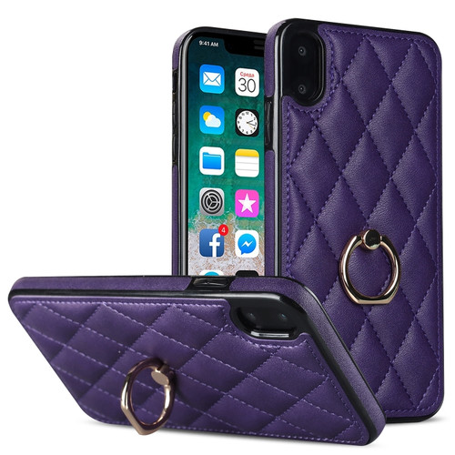 iPhone X / XS Rhombic PU Leather Phone Case with Ring Holder - Purple