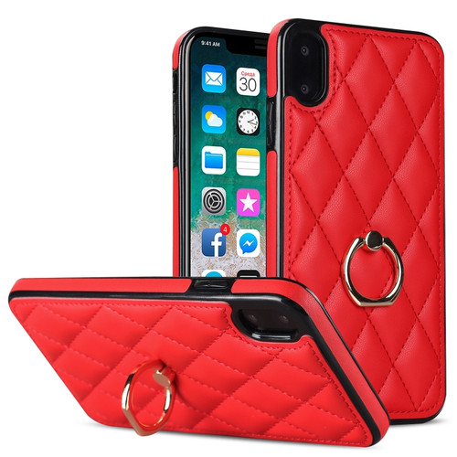 iPhone X / XS Rhombic PU Leather Phone Case with Ring Holder - Red