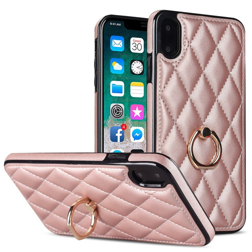 iPhone X / XS Rhombic PU Leather Phone Case with Ring Holder - Rose Gold