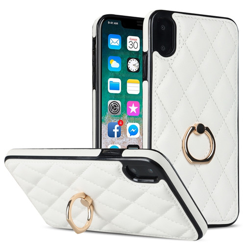 iPhone X / XS Rhombic PU Leather Phone Case with Ring Holder - White