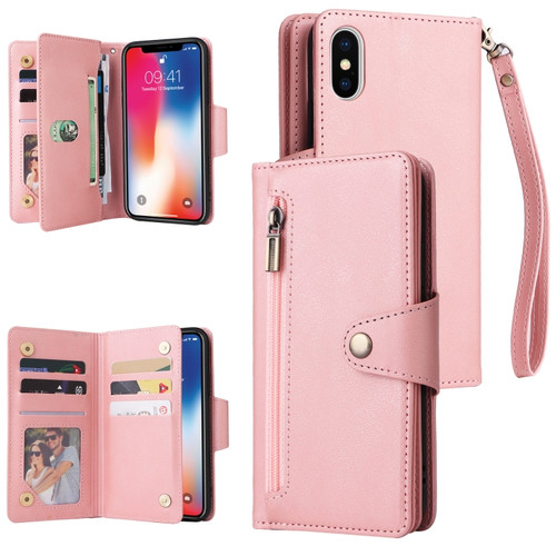 iPhone X / XS Rivet Buckle 9 Cards Three Fold Leather Phone Case - Rose Gold