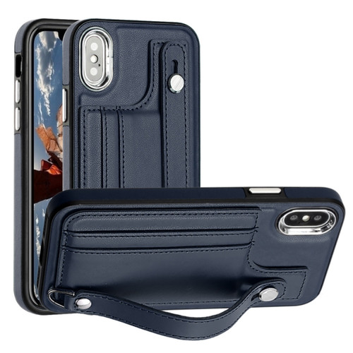 iPhone X / XS Shockproof Leather Phone Case with Wrist Strap - Blue