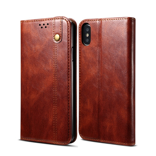 iPhone X / XS Simple Wax Crazy Horse Texture Horizontal Flip Leather Case with Card Slots & Wallet - Brown