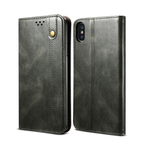 iPhone X / XS Simple Wax Crazy Horse Texture Horizontal Flip Leather Case with Card Slots & Wallet - Dark Green