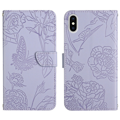 iPhone X / XS Skin Feel Butterfly Peony Embossed Leather Phone Case - Purple