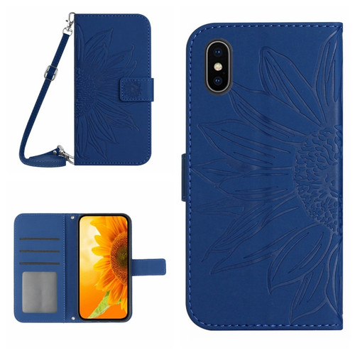 iPhone X / XS Skin Feel Sun Flower Pattern Flip Leather Phone Case with Lanyard - Dark Blue