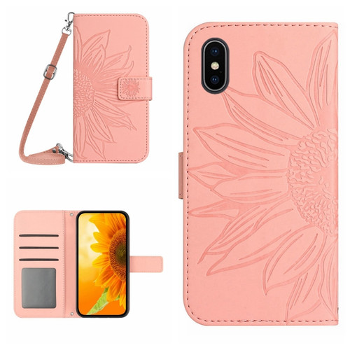 iPhone X / XS Skin Feel Sun Flower Pattern Flip Leather Phone Case with Lanyard - Pink