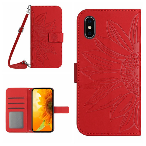 iPhone X / XS Skin Feel Sun Flower Pattern Flip Leather Phone Case with Lanyard - Red