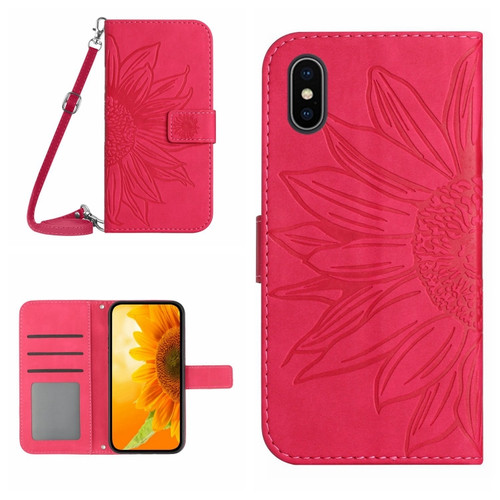 iPhone X / XS Skin Feel Sun Flower Pattern Flip Leather Phone Case with Lanyard - Rose Red